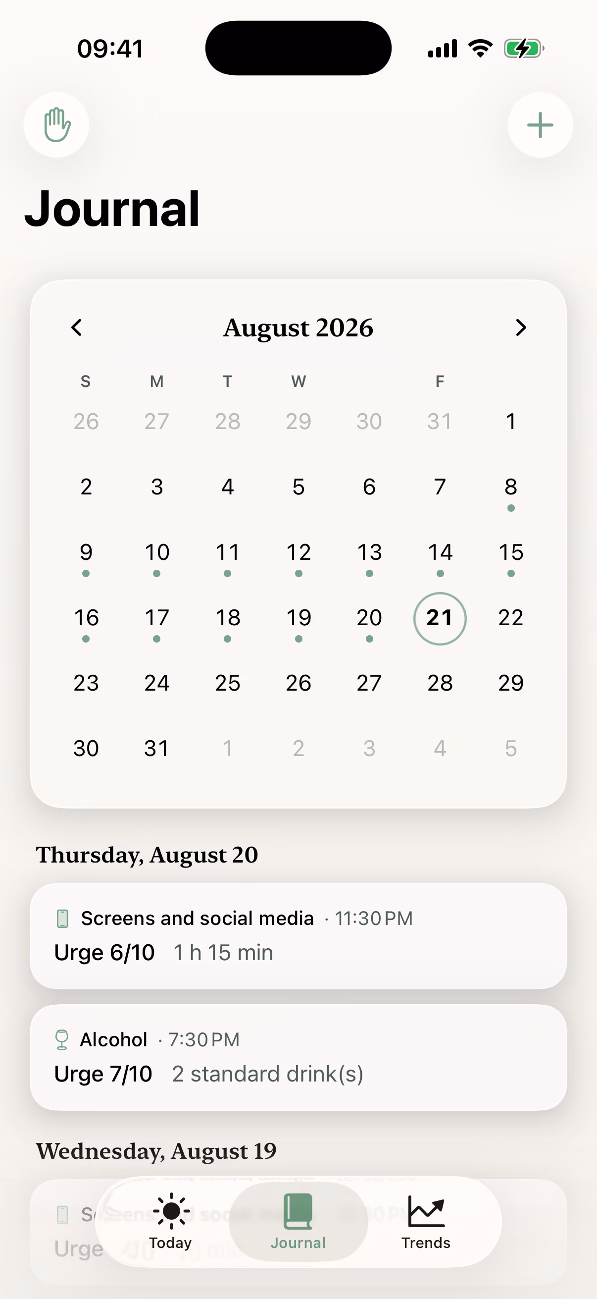 Nuance Journal screen: monthly calendar and recent consumption entries