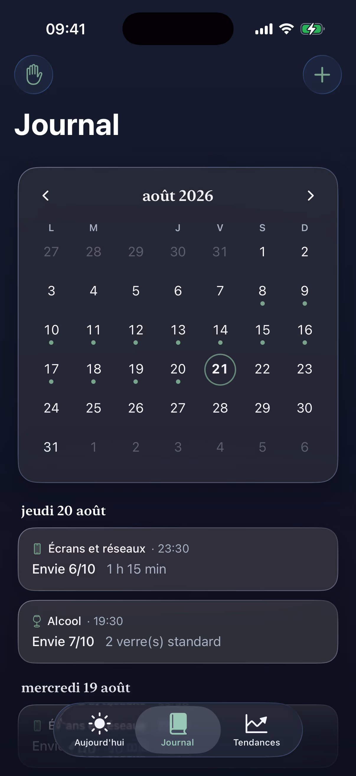 Écran Journal de l'application Nuance : calendrier du mois et entrées de consommation récentes