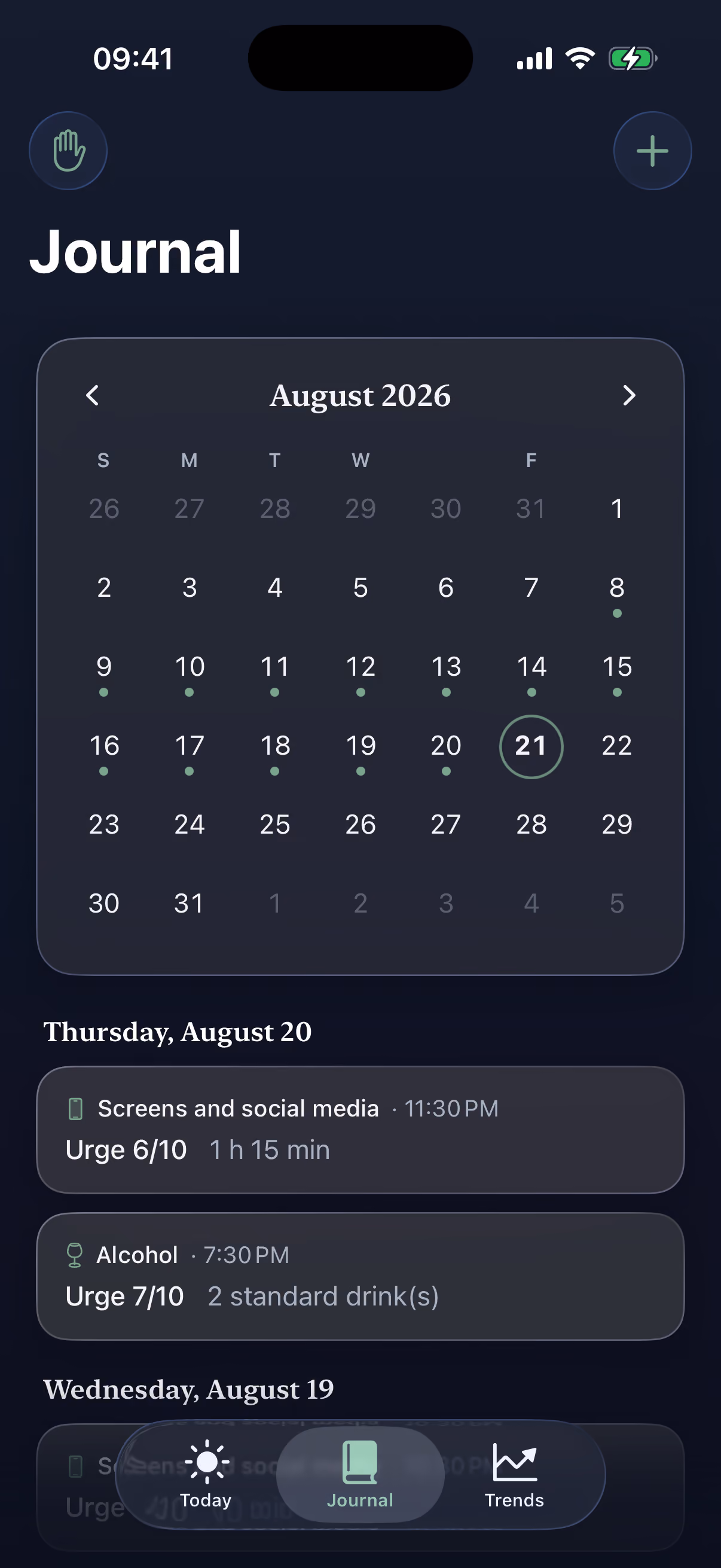 Nuance Journal screen: monthly calendar and recent consumption entries