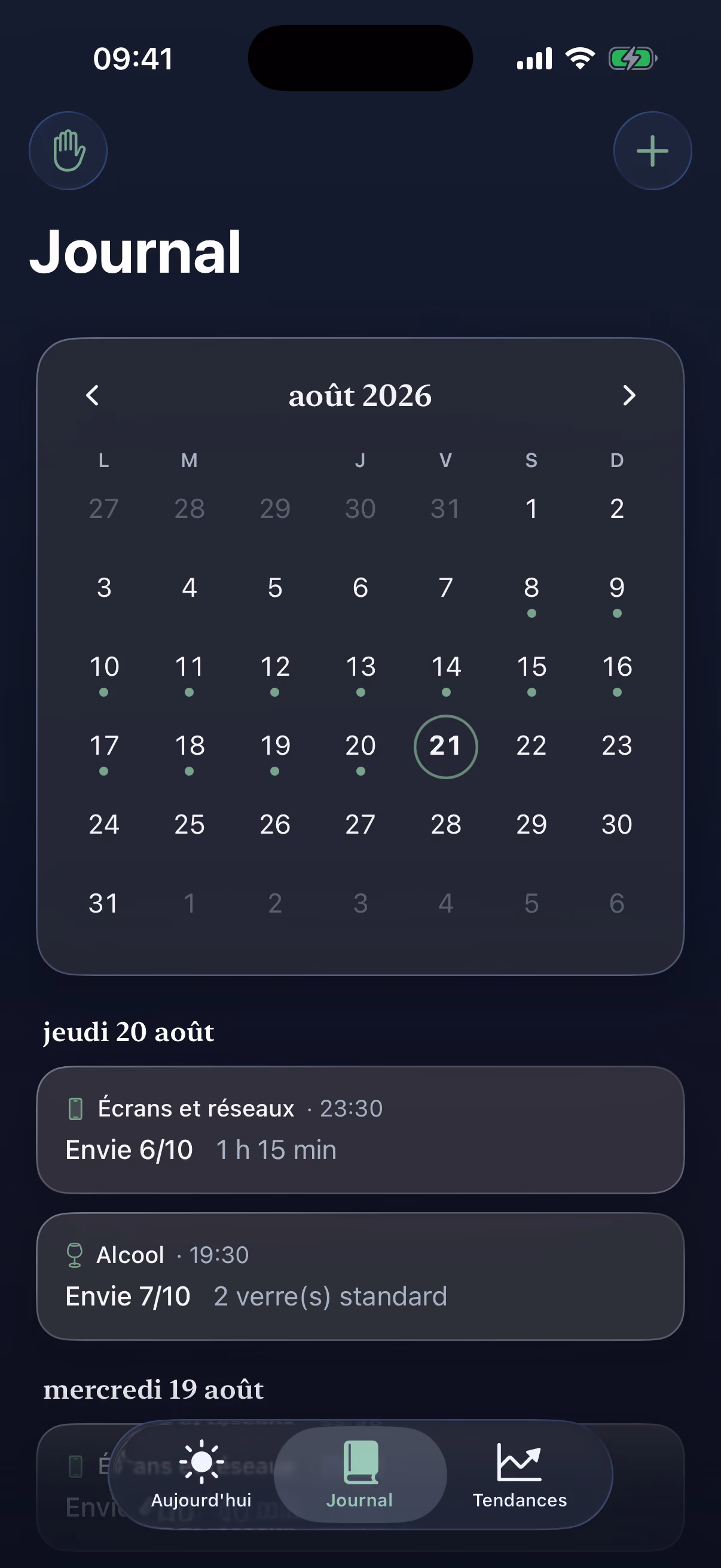 Écran Journal de l'application Nuance : calendrier du mois et entrées de consommation récentes