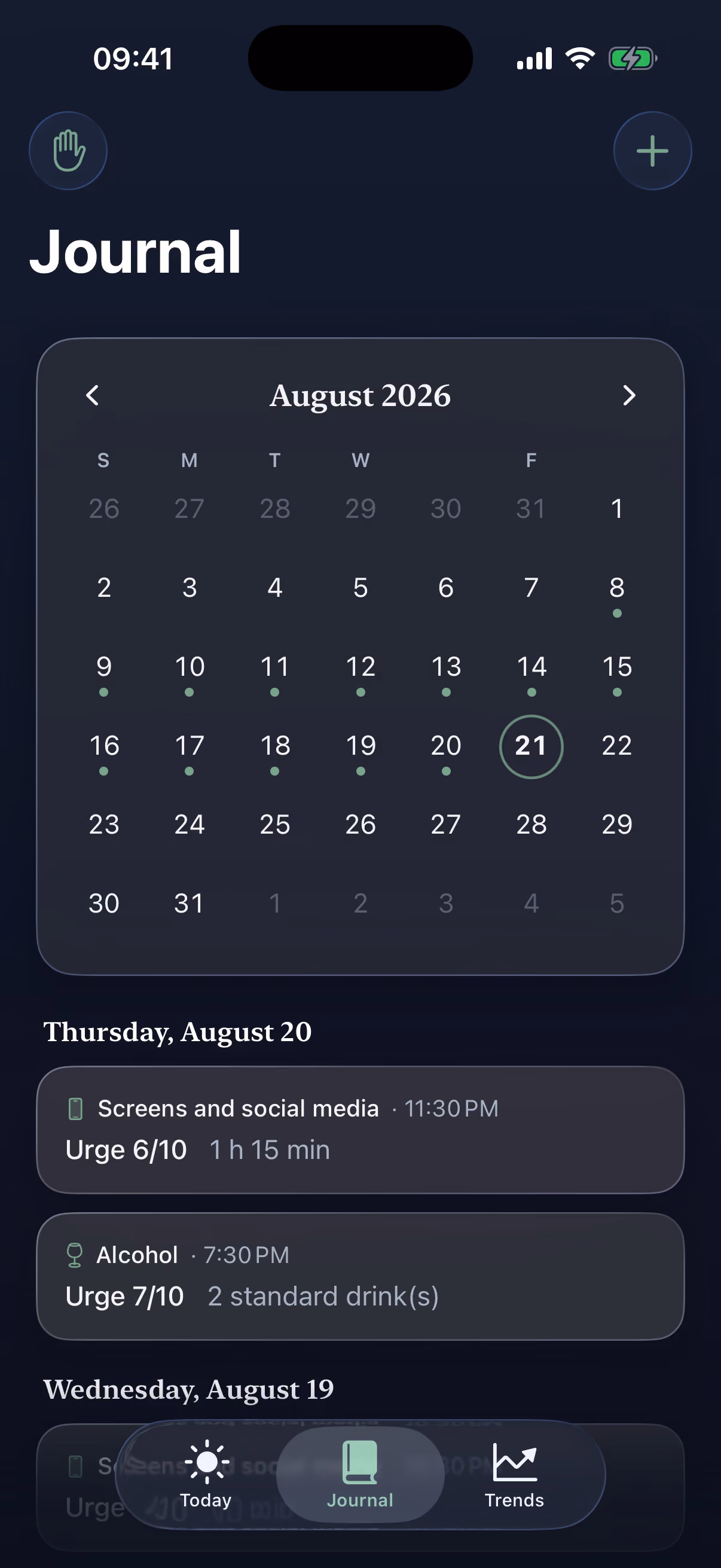 Nuance Journal screen: monthly calendar and recent consumption entries
