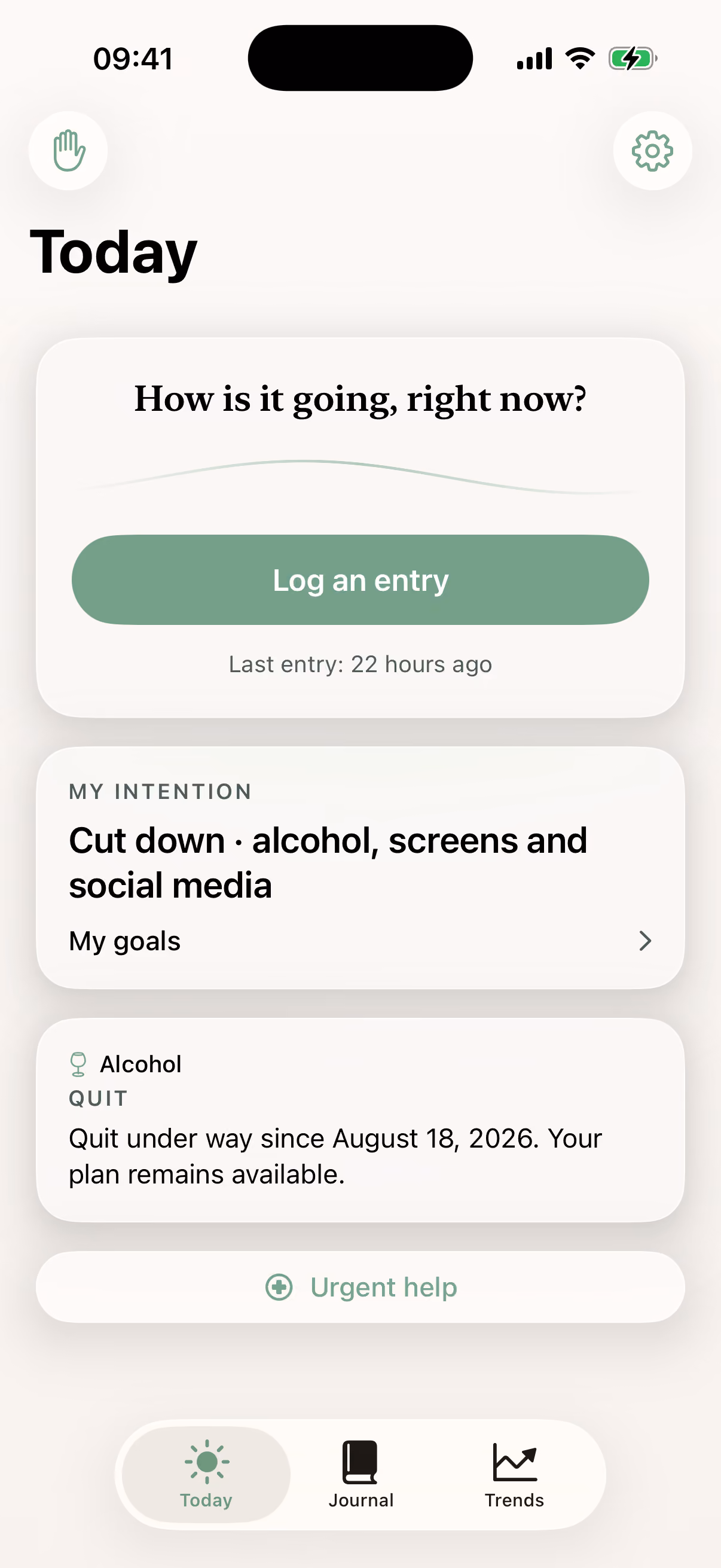 Nuance Today screen: the current check-in question and journal entry button