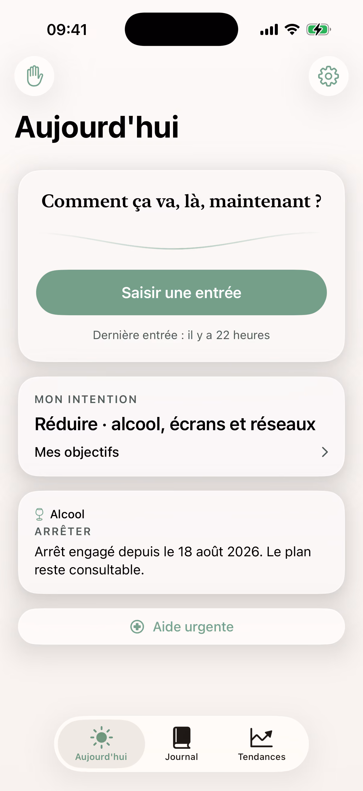 Écran Aujourd'hui de l'application Nuance : la question du moment et la saisie d'une entrée de journal