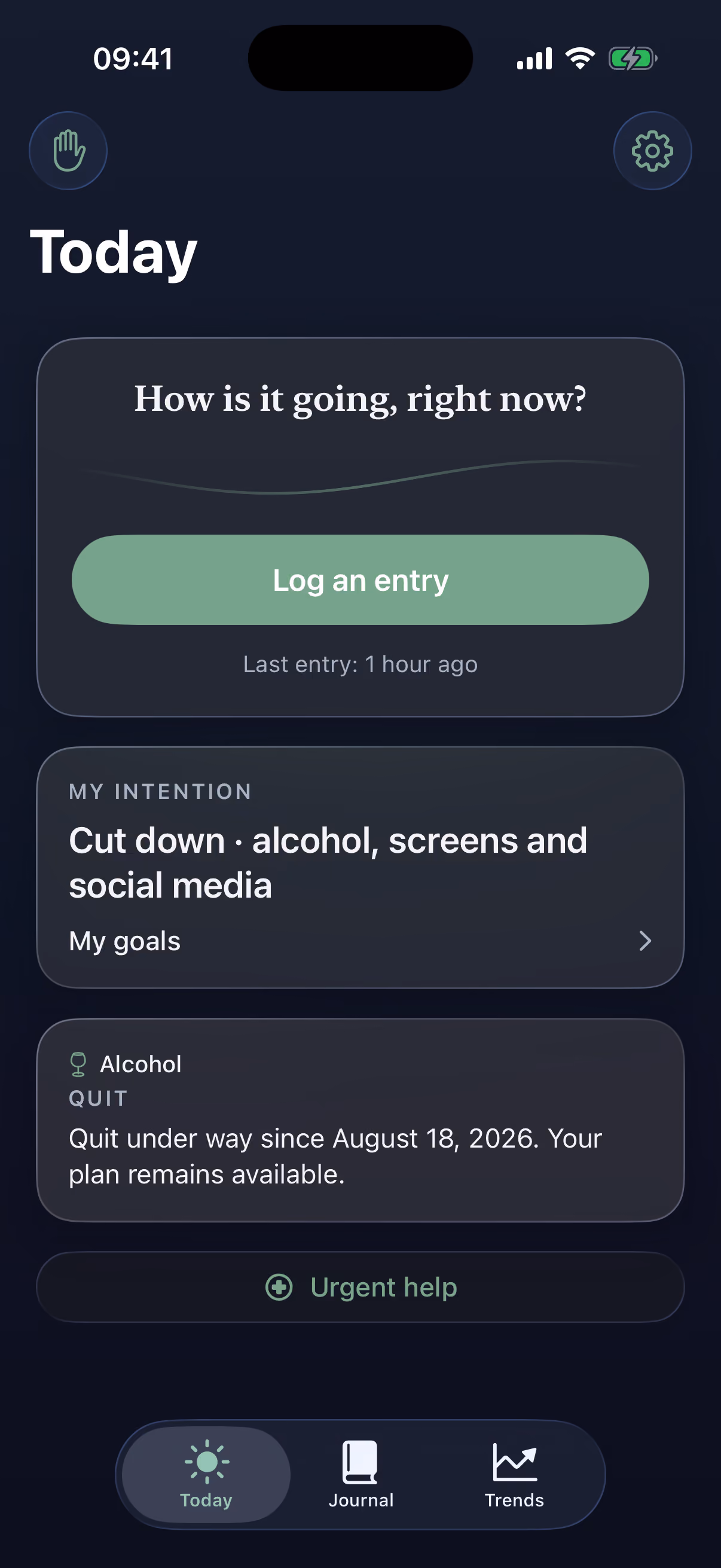 Nuance Today screen: the current check-in question and journal entry button