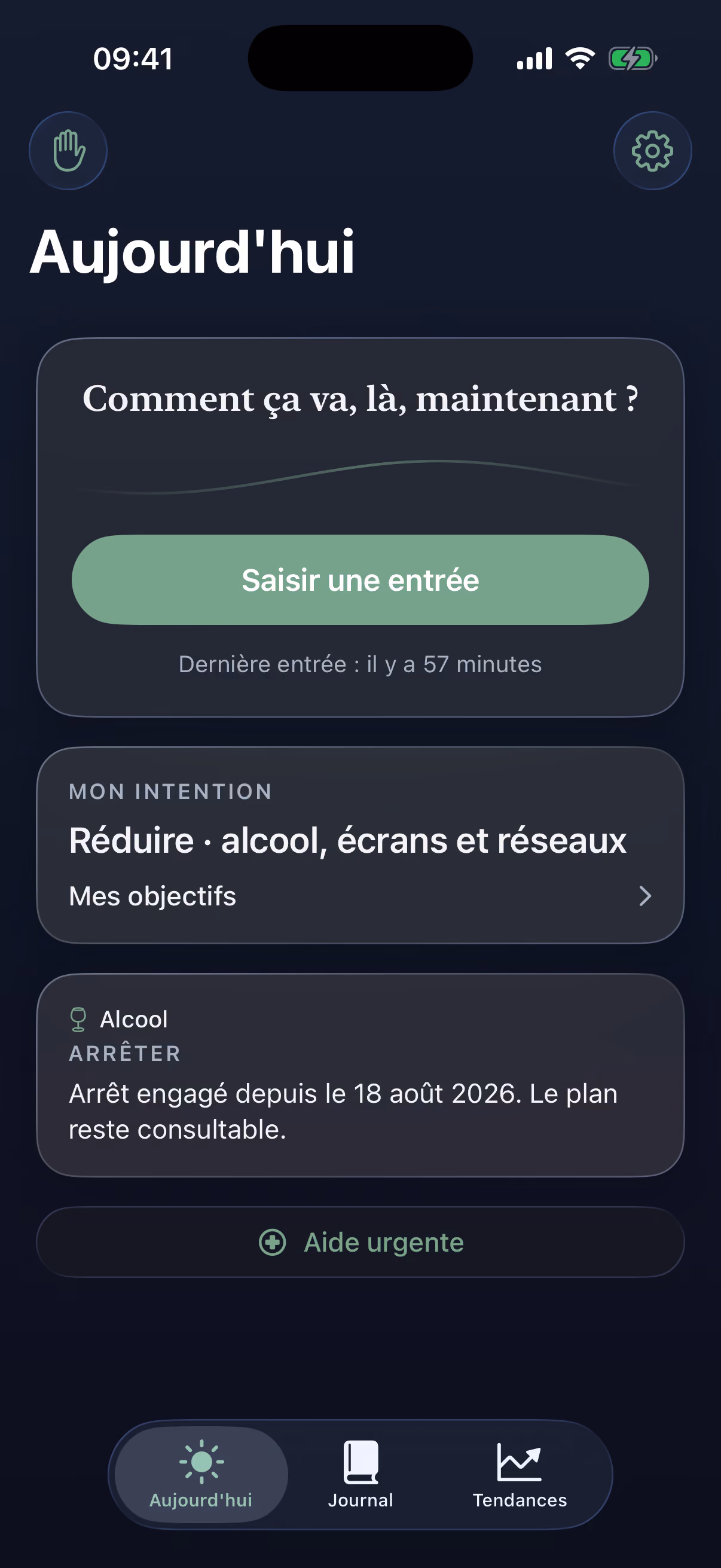 Écran Aujourd'hui de l'application Nuance : la question du moment et la saisie d'une entrée de journal